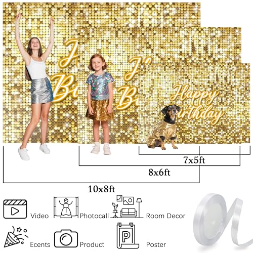 Golden Happy Birthday Backdrop 7 x 5 ft Polyester Glitter Shimmer Wall Background Flash Sequin Shimmer Wall Props Sparkle Birthday Party Decorations( Non-Glowing Brilliant Design) - color: Gold Birthday, size: 7x5 FT