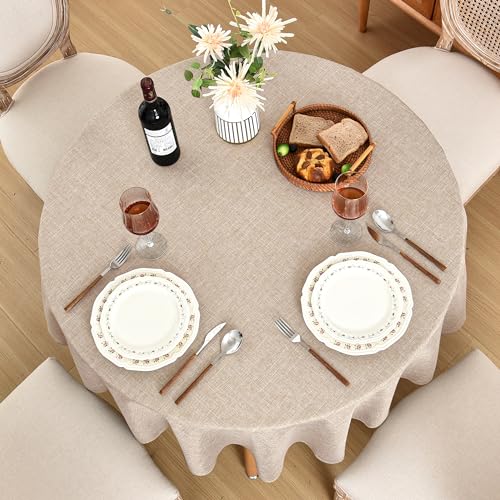 Fitable Faux Linen Round Tablecloths 90 Inch, 6 Pack - Fabric Textured Table Clothes for Round Folding Tables, Washable Neutral Table Covers for Wedding, Party, Banquet, Birthday, Beige - color: Beige, size: 90" Round (6 Pack)
