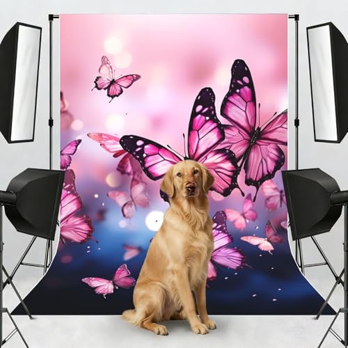 Pink Butterflies Backdrop Background for Photography 5x7ft Photobooth Professional Photo Backdrop Curtains Video Photography Studio Photo Backgrounds Banner Booth Background Screen Parties - color: Pink Butterflies
