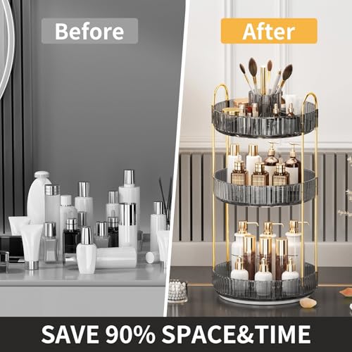 360° Rotating Makeup Organizer, Large-Capacity Skincare Make Up Storage 3 Tier Perfume Organizers Cosmetic Dresser Organizer with Makeup Brush Holder, Fits Bedroom, Bathroom, Vanity Shelf Countertop - color: Light Gray, size: 3 Tier