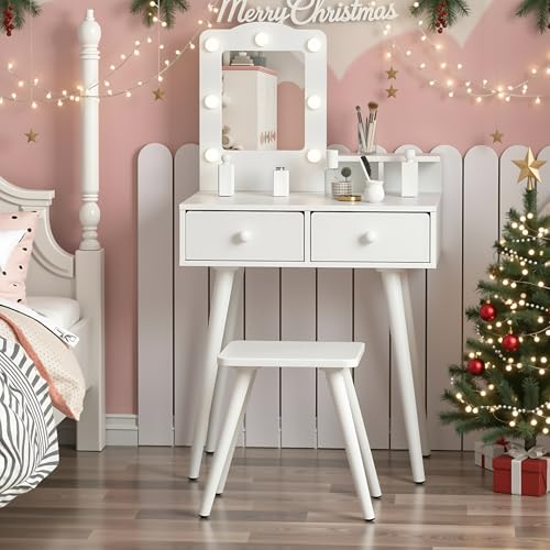 Arlopu Kids Vanity Set and Mirror, Wooden Pretend Play Vanity Table and Chair Set for Girls with Stool, Drawer, Princess Makeup Dress-Up Toy for Toddlers 3+Year Old (White) - color: White