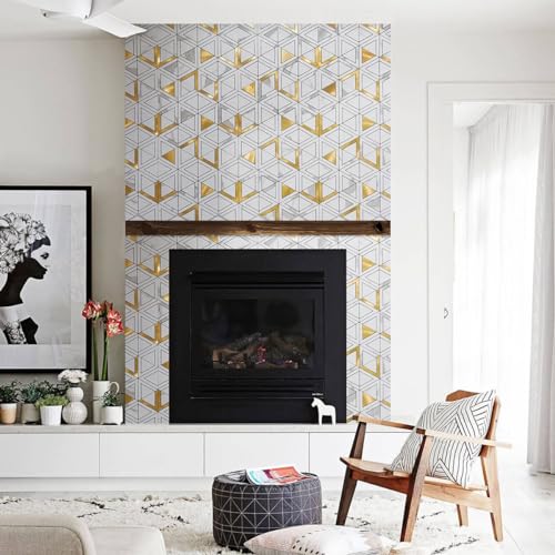 DICOFUN 10-Sheet White Marble Look Triangle Mosaic Tiles Peel and Stick Backsplash for Kitchen, PVC Mixed Metal Gold Chevron Stick on Backsplash Wall Tiles - color: White Marble and Metal Gold, size: 10 Sheets, 12"x12"x0.12"