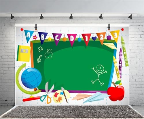 Leyiyi 10x6.5ft Vinyl Photography Background Welcome to Kindergarten Backdrop ABC Letters Blackboard Watercolor Pen Paper Airplane Globe Back to School Themed Party Backdrops Banner - color: Green, size: 10x6.5ft-Vinyl