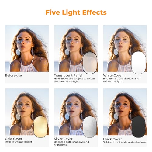 K&F CONCEPT 24" x36”(60x90cm) 5-in-1 Oval Foldable Reflector with Carrying Bag, Gold, Silver, Black, White Reflective Fabric and Translucent Soft Fabric for Studio Lighting - size: 60x90cm
