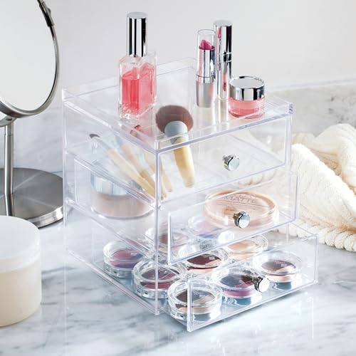 InterDesign Clarity Cosmetic Vanity Cabinet to Hold Makeup, Beauty Products-3 Drawer, Clear Organizer, 1 x Mirror (Pack of 4) - color: Clear, size: 6.5" x 7" x 7" (Pack of 4)