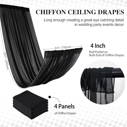 DUOBAO Black Chiffon Sheer Wedding Backdrop Curtains 5x20 FT - 4 Panels Tulle Drapes Fabric Arch Drapery, Photography Background with Rod Pocket for Stage Tent Canopy, Birthday Arch Drapery - color: Black, size: 60"W x 240"L (Pack of 4)