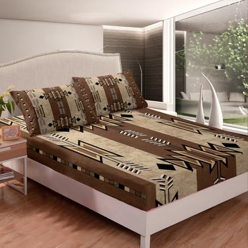 Feelyou Western Ethnic Tribal Sheet Set Twin Size Kids Wild West Bed Sheets Set for Boys Girls Teens Boho Exotic Sheets with Deep Pocket Fitted Sheet Bohemian Bedding Set Brown Bed Set - color: Brown Black, size: Twin