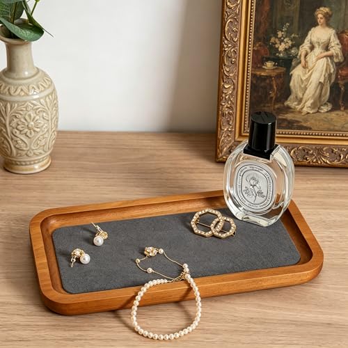 Wooden Jewelry Display Tray Rounded Rectangle Ring Showcase Stackable Elegant Bracelet Watch Jewelry Organizer for Personal Use and Commerce (Gray, Medium-W 3.9'' x H 0.6'' x L 7'') - color: Gray, size: Medium-W 3.9'' x H 0.6'' x L 7''