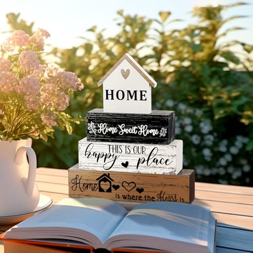 Geelin 4 Pcs Farmhouse Wooden Tabletop Decor Sweet Home Tiered Tray Decor Rustic Home Wood Sign Neutral Decorations for Wood Block Sign Coffee Shelf Desk Centerpiece Decoration - style: Home