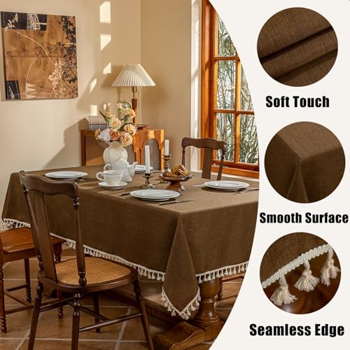 AmHoo Linen Blend Tablecloth Table Cloth 280 GSM Stitching Tassel Rectangle Decorative Natural Table Cover for Kitchen Dinning Wedding Buffet 55×55 inch Brown - color: Brown, size: 55×55 inch