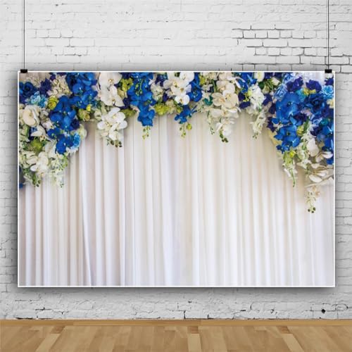 Yeele 8x4ft Blue and White Floral Backdrop for Photography Spring Flowers Green Leaves White Curtain Wedding Background for Wedding Bridal Shower Decoration Portrait Photo Studio Shoot Props - size: 8x4ft