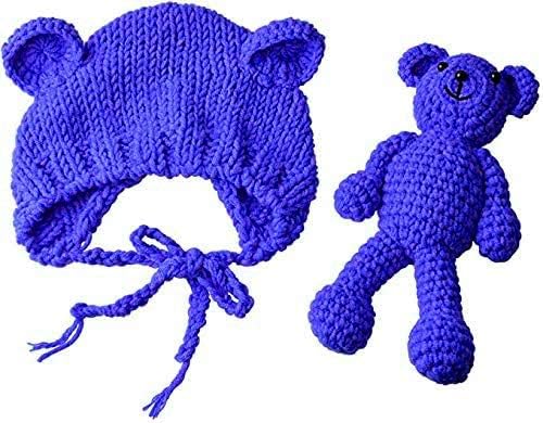 ECYC Newborns Crochet Beanie with Bear Doll Baby Picture Outfits Photography Bat - color: Navy