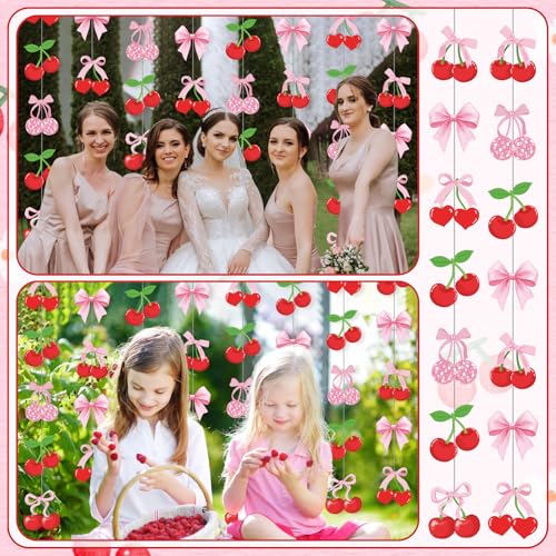 Xinnun Cherry Party Decorations Pink Bow Hanging Banners Garland Cherry Baby Shower Decorations Cutouts Ribbon Streamers for Berry Birthday Bridal Engagement Bachelorette Wedding Party Decor - style: Cherry