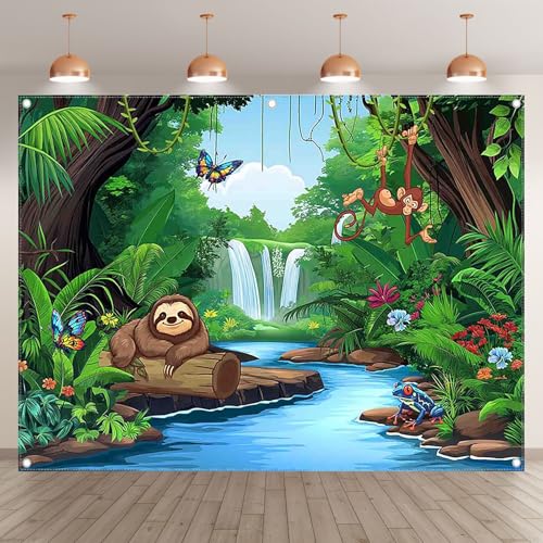 8x6ft Fabric Jungle Forest Backdrop Tropical Rainforest Safari Animal Background Adventure Party Decorations Kids Summer Event Photo Banner Props - size: 8'x6'