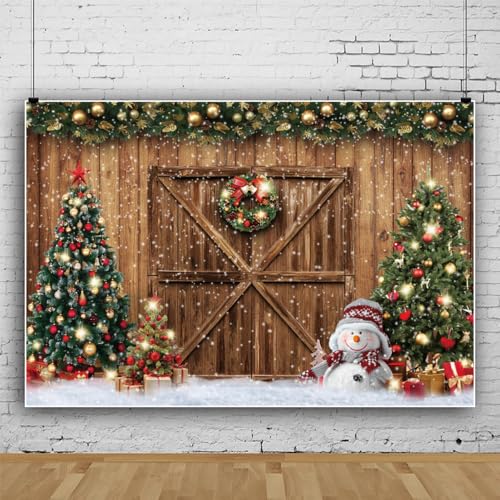 5x3ft Christmas Barn Backdrop Xmas Tree Snowy Winter Rustic Wood Door Background Snowflake Snowman New Year Party Decoration Family Photo Studio Props - color: Brown Green White, size: 5x3ft