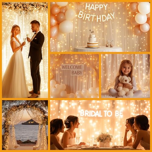 Tulle Curtain Backdrop with 300 LED Fairy Lights for Parities Wrinkle-Free Sheer Curtain Drapes Photo Back Drop for Wedding Baby Shower Bridal Shower Birthday Home Décor-10ft×10ft, Champagne - color: Champagne