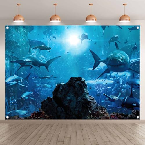 Fabric 7x5ft Shark Theme Photography Backdrop Underwater Deep Ocean Animals Fish Background Aquarium Kids Party Decorations Photo Banner Props - size: 7'x5'