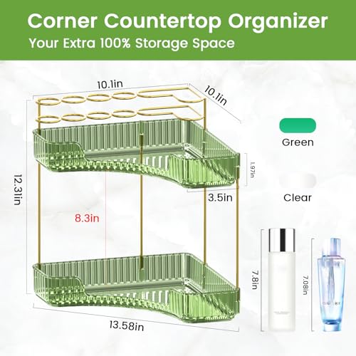 NATURE'S SOURCE Makeup Organizer for Vanity, 2-Tier Corner Bathroom Organizer Countertop with Makeup Brush Holder, Corner Counter Storage for Bathroom Dresser- Green - color: Green, size: 2-Tier