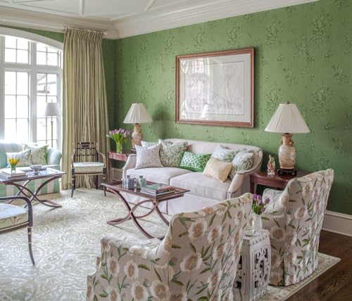 Erfoni 197"x17.7" Green Thicken Floral Embossed Wall Paper Pure Green Peel and Stick Wallpaper Flower Textured Self Adhesive Contact Paper Vintage Removable Wallpaper Decoration DIY Vinyl Roll - color: Green, size: 17.7" x 197"