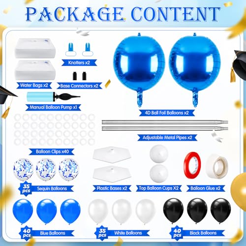2 Sets Blue and Black White Graduation Balloon Column Stand Kit for Class of 2026, Adjustable Floor Balloon Arch Tower with Foil & Latex Balloons, DIY Decor for Grad Ceremony Backdrop - color: Blue and Black White