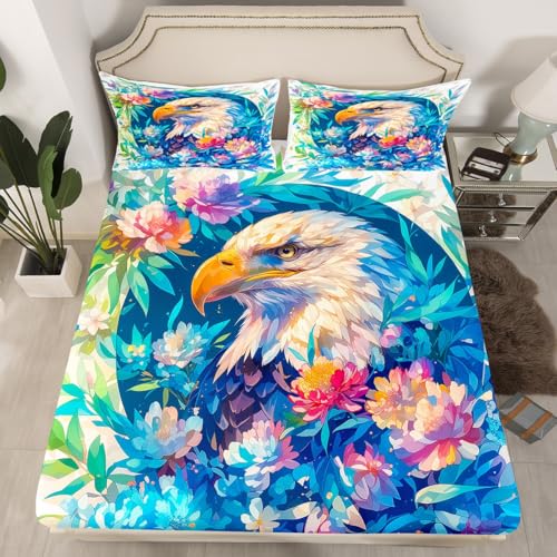 Feelyou Owl Bed Sheets Set King Size 3D Animal Printed Bedding Set for Kids Boys Girls Bird Decor Sheets with Deep Pocket Fitted Sheet Flowers and Plants Bedding Set - color: Acid Blue, size: King