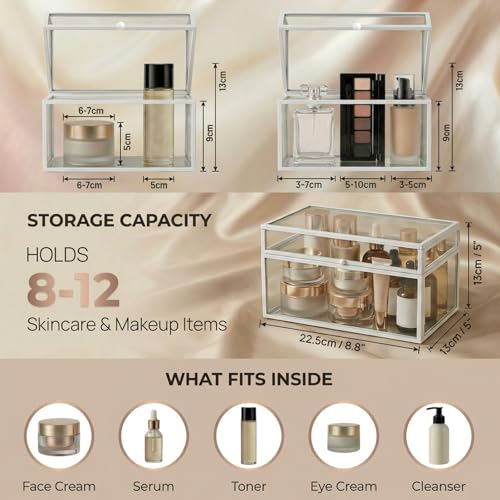 40 Lipsticks Organizer with Lid, Glass Display Box Fits Large Perfume & Skincare, Easy-Access Organiser for Vanity Countertop, Multifunctional Display Box in Any Rooms - color: white
