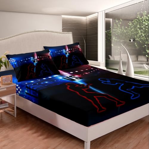 Manfei Wrestler Wrestling Fitted Sheet Twin Size, Young Men Sports Theme Bed Cover with 1 Pillowcase, Blue and Red Bedding Set 2pcs for Kids Teens Room Decor, Soft Polyester Bedding - color: Multi 28, size: Twin (39*75*16")