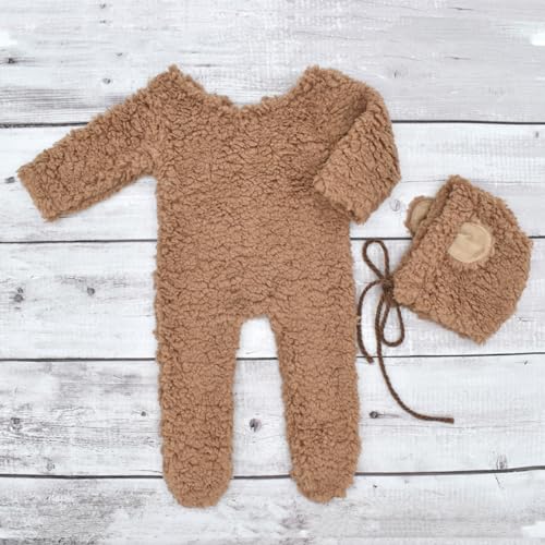 Zeroest Newborn Photography Props Boy Outfits Bear Baby Girl Photo Props Outfits Hat Footed Romper Sleeved Set for Photoshoot - color: Tan