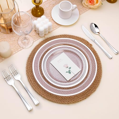 BESTSTAR 100PCS Clear Plastic Plates for Party, 10.25 Inch Disposable Plates with Silver Rim, Heavy Duty Dinner Plates for Wedding and Birthday - color: Clear Silver, size: 10.25 inch