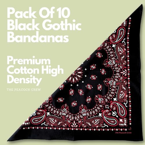 The Peacock Crew Premium Soft Cotton Bandanas Pack for Men and Women Paisley 22 x 22 inches - color: Pack of 10 Black Gothic