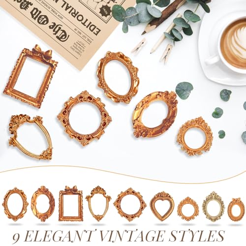 20 PCS Mini Vintage Picture Frames, 9 Styles Mini Antique Photo Frames Shadow Box Museum Craft Kit, Oval Rectangle Resin Frames for Museum DIY Project Home Decor