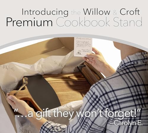 Willow & Croft Premium Cook Book Stand. Farmhouse Cutting Board Stand Cookbook Holder, Recipe Book Holder. Distressed Cookbook Stand for Kitchen Counter. Rustic Home Decor, Adjustable Display Stand. - style: Brown - Chalkboard cutting board design
