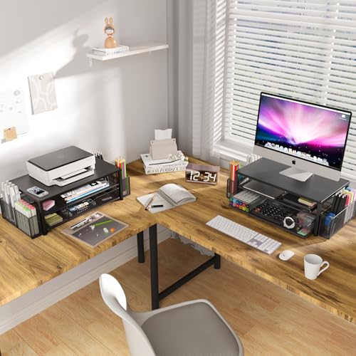 OPNICE Desk Organizer and Accessories, 2-Tier Computer Monitor Stand Riser with Drawer and 2 Pen Holders, Laptop Stand, Office Desk Accessories for Office Supplies, Black 2-Pack - color: Black 2-Pack