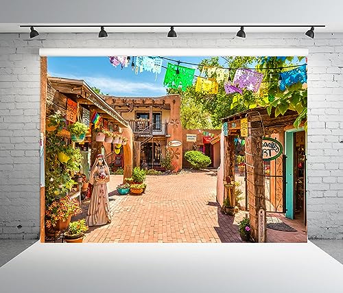 BELECO 9x6ft Fabric New Mexico Old Town Street Backdrop Vintage Shops Restaurants Colorful Paper Flags Mexican Fiesta Background Day of The Dead Backdrop Mexican Theme Party Decorations Photo Props - size: 9x6FT