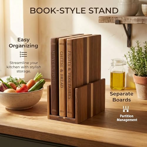 3 Piece Book Shaped Cutting Board Set with Wooden Stand, Solid Acacia Wood Chopping Boards for Kitchen, Decorative Library Design Gift for Cooking