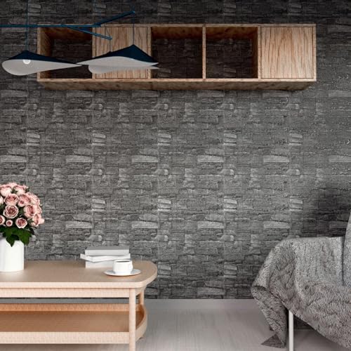 3D Wall Panels Peel and Stick in Black Grey Stone, 10 PCS XPE Foam 3D Wallpaper, Textured Faux Brick Wall Panels for Bedroom, Stairs, Kitchen - color: Black Rock, size: 10PCS
