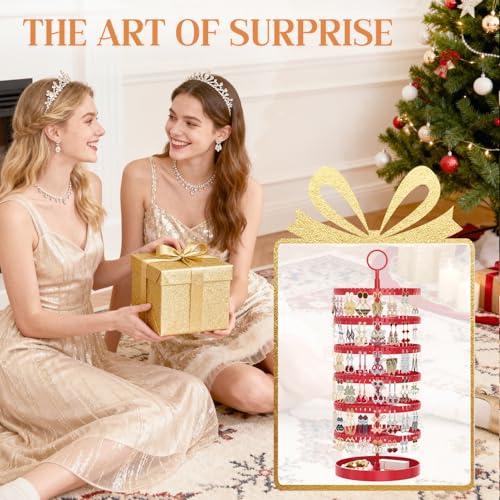 iDavosic.ly 6 Tier Rotating Earring Holder Organizer with Metal Tray, Adjustable Plastic Dangle Display Stands Tree with 342 Grooves, Large Hoop Storage Rack Tower, Red - color: Chili Red, size: 6 Tiers