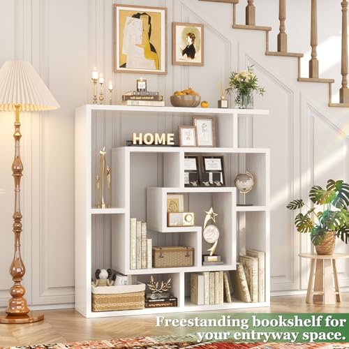Armocity 6 Tier Display Book Shelf Wall Mounted Bookshelf Freestanding Geometric Bookcase Floating Book Shelves for Wall Bedroom Living Room Home Office, 45.5"(W) * 47"(H), White - color: White