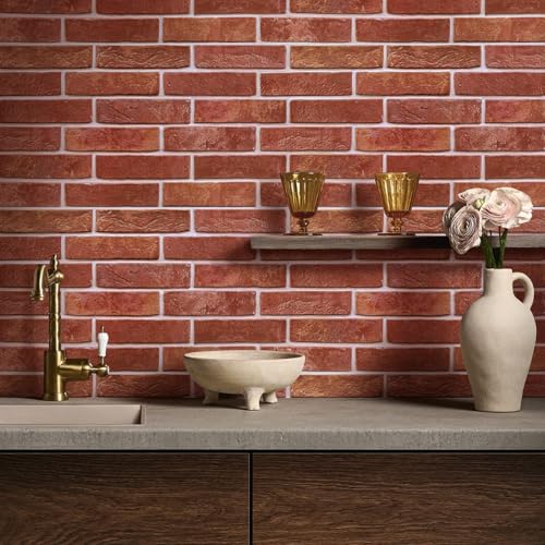 COMSTICKC 3D Red Faux Brick Wall Panel Peel and Stick Wall Stickers, 12 pcs of 22.8" x 11.8", DIY Lightweight PVC Fake Brick Decorative Wall Covering Backsplash Interior Decor,Covers 22.48 sq.ft - color: Red Brick