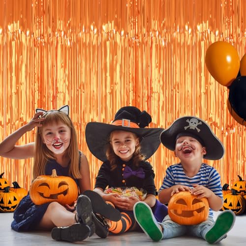PIGETALE 2 Pack 3.2x8.2 Feet Orange Foil Fringe Backdrop Curtains, Metallic Tinsel Photo Booth Backdrop Streamers Birthday Party Decorations, Halloween Baby Shower Disco Basketball Party Supplies - color: Orange