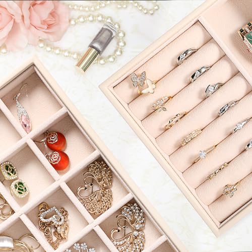 LANDICI Stackable Jewelry Organizer Trays 4 Set,PU Leather Jewelry Organizer Drawer,Jewelry Storage Display Tray for Earring Necklace Rings Bracelet with Removable Dividers,Apricot - color: Apricot