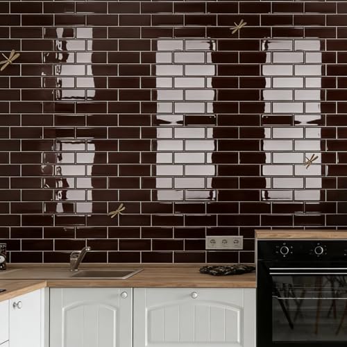 Art3d 10-Pack Heavy-Duty Peel and Stick Backsplash, 12 x 12 Inch Vinyl Seaglass Subway Design Stick on Wall Tile for Kitchen Living Room Home Decor, Dark Burgundy - color: Dark Burgundy