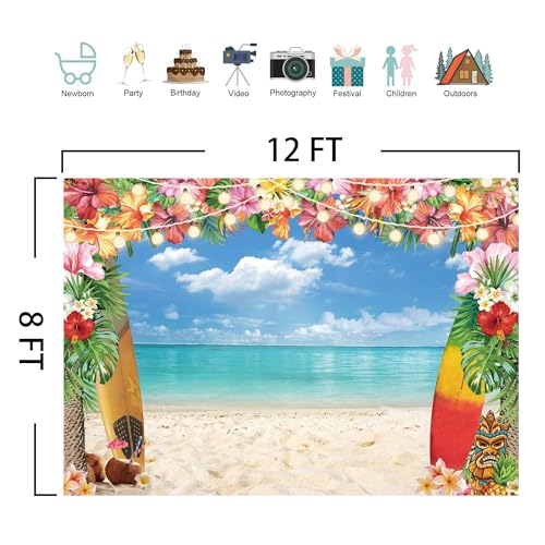 12X8FT Summer Hawaiian Luau Beach Backdrop for Photography Tropical Flower Luau Hawaiian Party Decorations Aloha Blue Sky Ocean Palm Leaves Background Supplies Photoshoot - size: 12'x8'