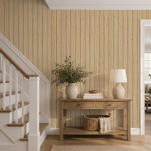 VEELIKE Tan Birch Slat Wall Panels Peel and Stick 3D Wood Grain Wall Panel 17''x118'' Self Adhesive Faux Wood Panels Sound Proof Foam Slat Paneling for Accent Walls Ceiling Bedroom Living Room Renters - color: Tan Birch, size: 17''x118''