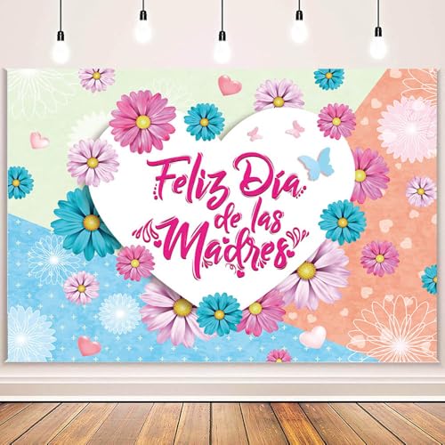 MEHOFOND 7x5ft Feliz Dia De La Madre Backdrop Happy Mother's Day Photography Background Pink Blue Daisy Mothers Day Party Decoration Banner Best Mom Ever Backdrop Photo Booth Props - color: Colourful