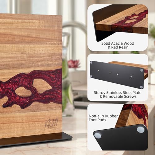 FINDKING Magnetic Knife Block, Double Sided Holder, Powerful Magnet Kitchen Storage, Acacia Wood and Red Resin (12 x 10 Inches, Without Knives) - color: Red