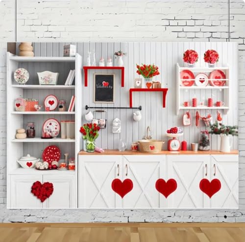 9x6 feet Valentine's Day Photography Backdrop White Wall Cupboard Kitchen Cooking red Rose Love Mood Moody Studio Background Photo Studio Props - size: 9x6ft
