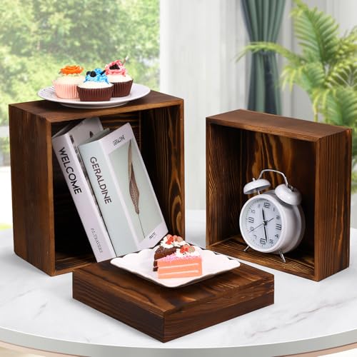6 Pack Wooden Risers Display Stands Rustic Wood Cake & Cupcake Stands for Party Square Food Risers for Buffet Wooden Crates for Display Home Decor - color: Brown