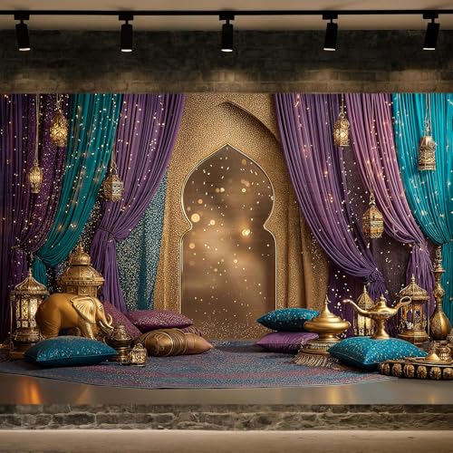 6X4ft Arabian Moroccan Nights Party Photography Backdrop, Moroccan Nights Purple Blue Curtain Lamp Luxurious Princess Wedding Birthday Baby Shower Party Background Decorations Photo Studio Props,2 - color: Purple2, size: 6 x 4 ft