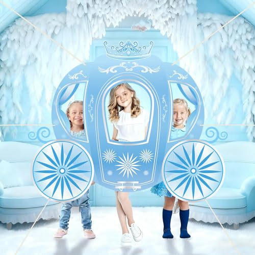 Snowflake Princess Carriage Photo Prop Background Winter Wonderland Selfie Frame Photography Blue Carriage Backdrop Banner 63" Fairy Tale Photo Booth for Winter Snow Holiday Birthday Party Decoration